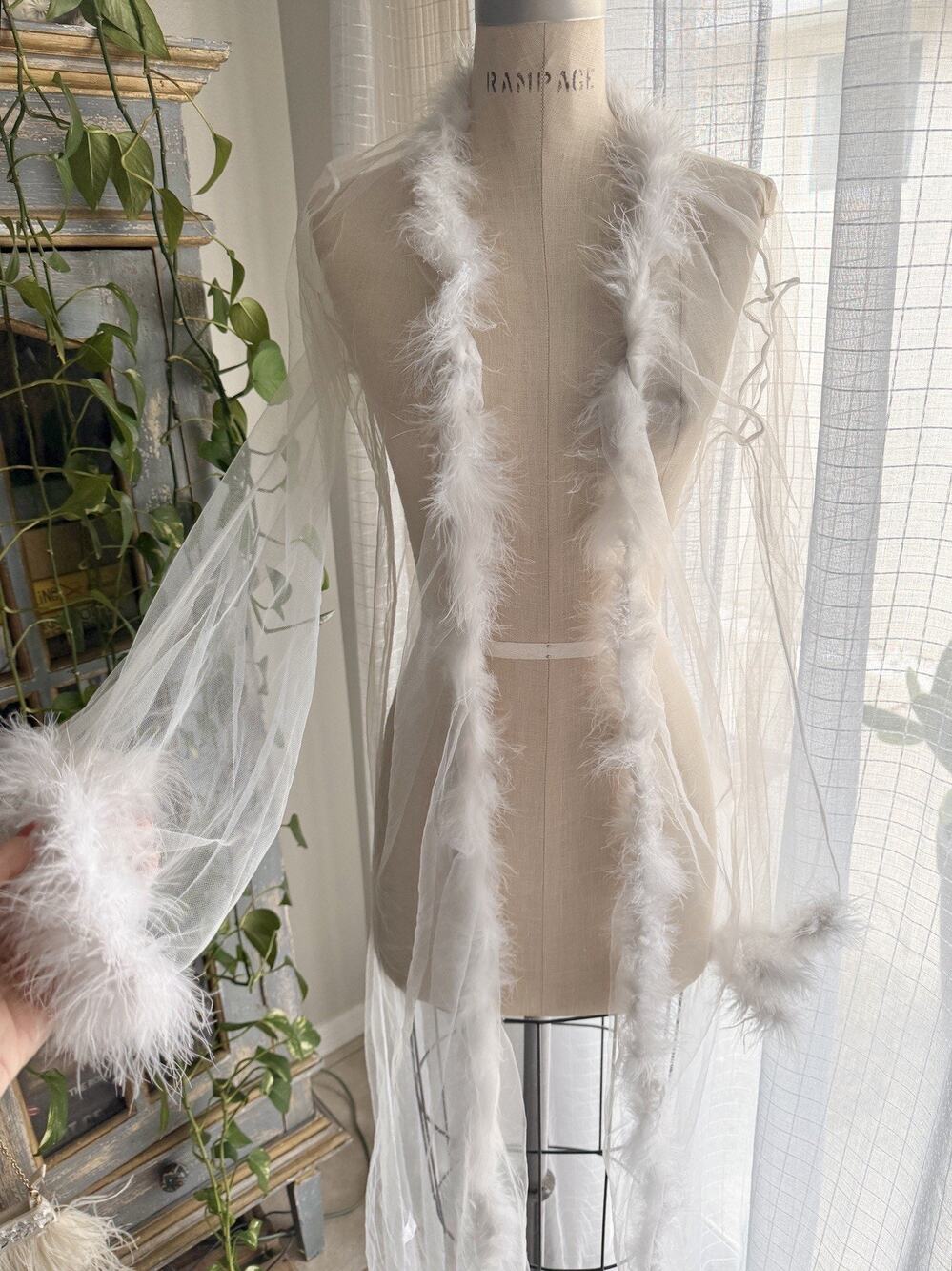 Sheer Mesh Ostrich Feather Trim Robe White Long Maxi Open Front FairyGlam L/XL